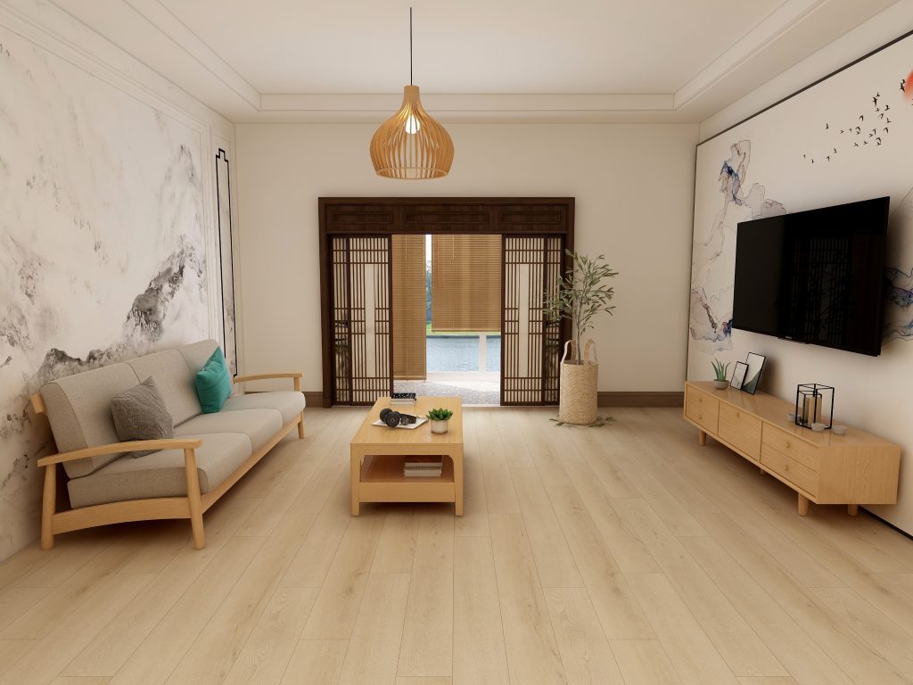 Vinyl Flooring in a room with Sofa, Table and TV